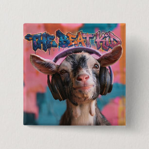 The Beat Kid - Cool geit DJ met hoofdtelefoon Vierkante Button 5,1 Cm