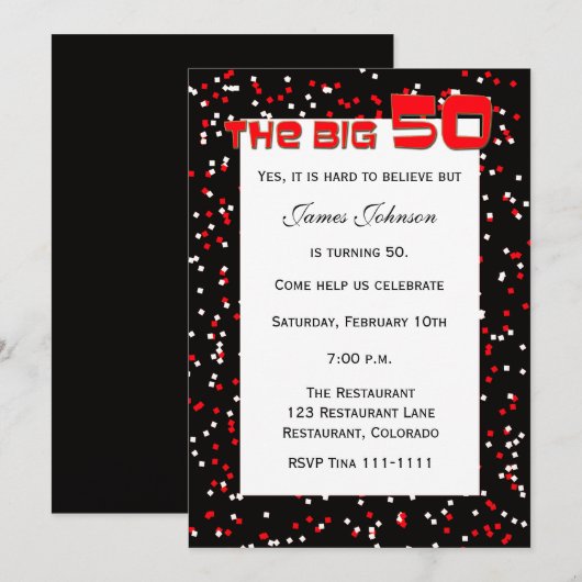 "The BIG 50" 50ste verjaardag uitnodiging op zwart (Voorkant / Achterkant)