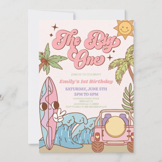 The Big One Beach Surf Retro 1e verjaardagsfeestje Kaart (Voorkant)