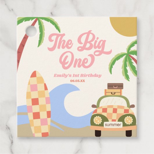 The Big One Beach Surf Roze 1e verjaardagsfeestje Bedankjes Labels (Voorkant)