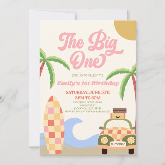 The Big One Beach Surf Roze 1e verjaardagsfeestje Kaart (Voorkant)