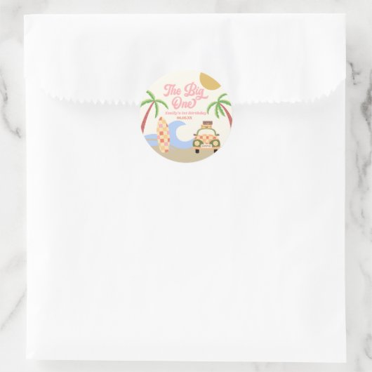 The Big One Beach Surf Roze 1e verjaardagsfeestje Ronde Sticker (Tas)