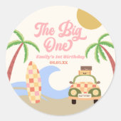 The Big One Beach Surf Roze 1e verjaardagsfeestje Ronde Sticker (Voorkant)