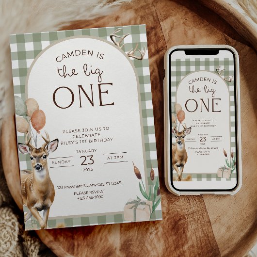 The Big One Deer Birthday Invitation Boys First Kaart