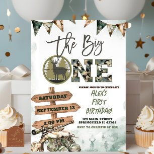 The Big One Hunting Camo 1st Birthday Invitation Kaart