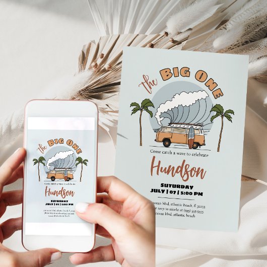 The Big One Surf Up Birthday Invitation Kaart