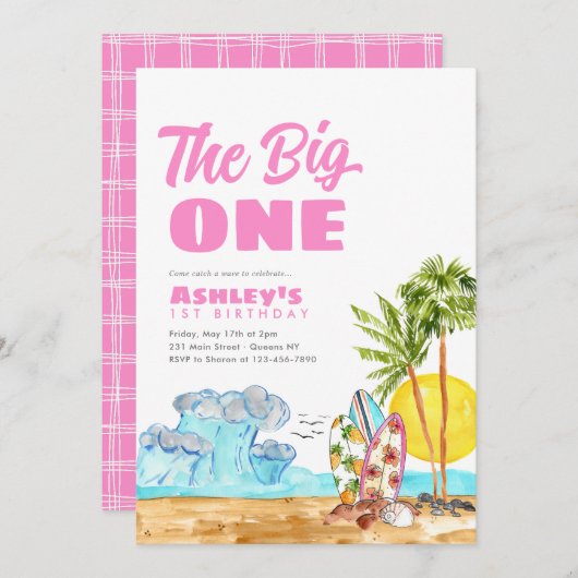 The Big One Surf Waves Hot Pink Beach 1e Verjaarda Kaart (Voorkant / Achterkant)