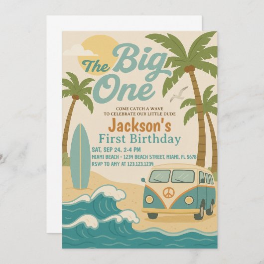 The Big One Surfing 1st Birthday Uitnodiging voor (Voorkant / Achterkant)