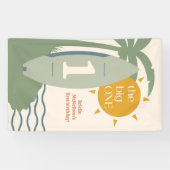 "The big ONE" Surfing Beach 1e verjaardagsfeestje Spandoek (Horizontaal)