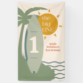 "The big ONE" Surfing Beach 1e verjaardagsfeestje Spandoek (Verticaal)