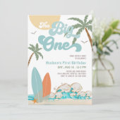 The Big One Surfing Boy 1st Birthday Beach Party Kaart (Staand voorkant)
