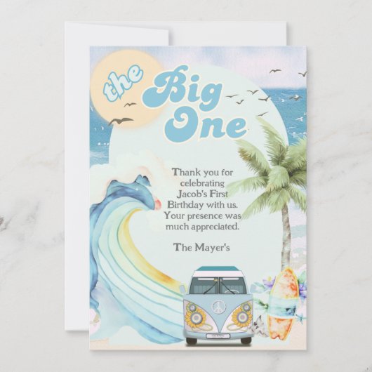 The Big One Surfing Retro Eerste Verjaardagsfeest Bedankkaart (Voorkant)