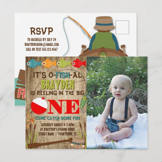 The Big One Vist Theme Boys 1st Birthday Uitnodiging Briefkaart (Voorkant / Achterkant)
