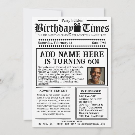  "The Birthday Times" Nieuwsuitnodiging Kaart (Voorkant)