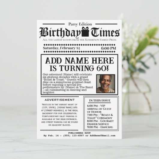  "The Birthday Times" Nieuwsuitnodiging Kaart (Staand voorkant)