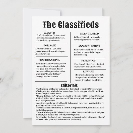  "The Birthday Times" Nieuwsuitnodiging Kaart (Achterkant)