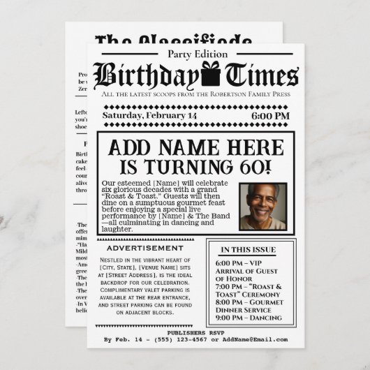  "The Birthday Times" Nieuwsuitnodiging Kaart (Voorkant / Achterkant)