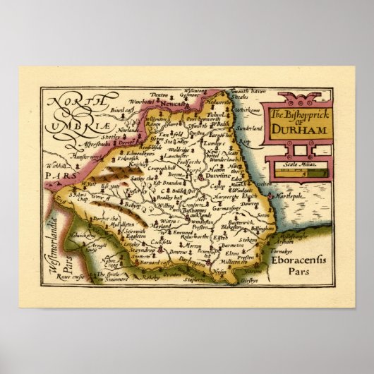 The Bishopprick of Durham County Map, Engeland Poster (Voorkant)