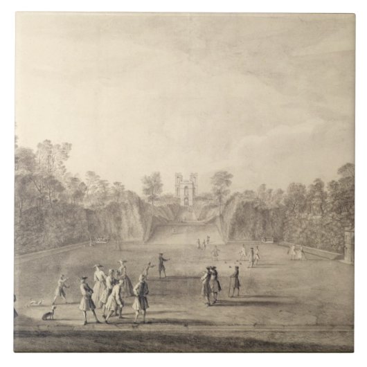 The Bowling Green te Claremont, 1738 (graving) Tegeltje (Voorkant)