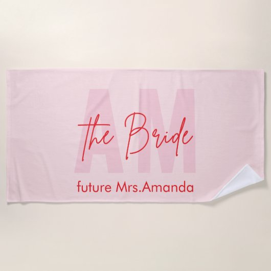 "The Bride" gepersonaliseerde roze strandlaken | T (Voorkant)