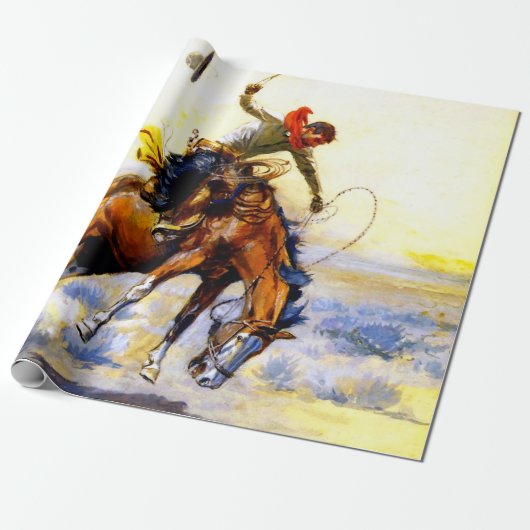 “The Bucker” Westerse kunst van Charles M Russell Cadeaupapier (Uitgerold)