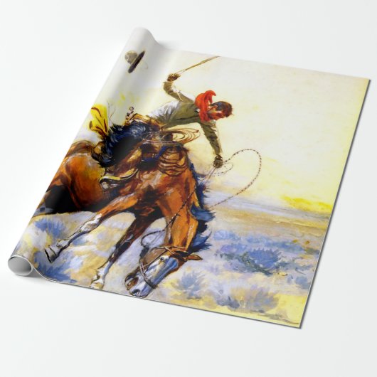 “The Bucker” Westerse kunst van Charles M Russell Cadeaupapier (Uitgerold)