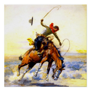“The Bucker” Westerse kunst van Charles M Russell Perfect Poster