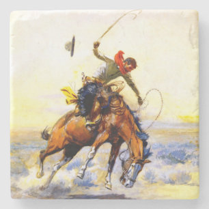 “The Bucker” Westerse kunst van Charles M Russell Stenen Onderzetter