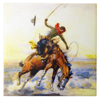 “The Bucker” Westerse kunst van Charles M Russell Tegeltje