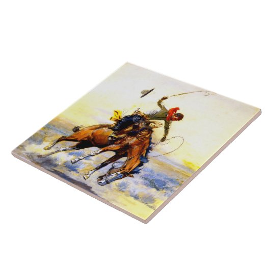 “The Bucker” Westerse kunst van Charles M Russell Tegeltje (Zijkant)