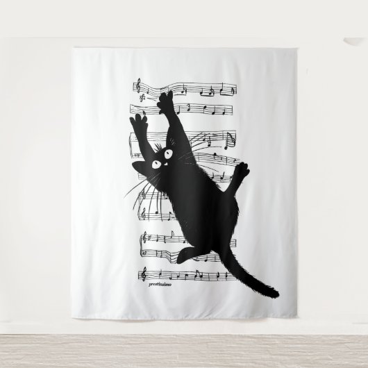 The cat hangs on musical notes wandkleed (Voorkant)