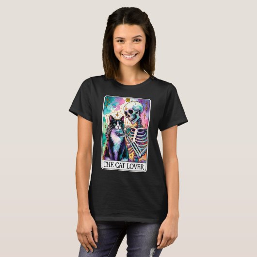 The Cat Lover Skelet Tarot Kaart T-shirt (Voorkant volledig)