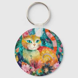 The Cat with Striking Green Eyes in Flower Garden Sleutelhanger