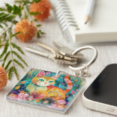The Cat with Striking Green Eyes in Flower Garden Sleutelhanger (Voorkant Rechts)