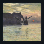 The Cliff Etretat, Sunset by Claude Monet Vierkante Klok<br><div class="desc">De Cliff, Etretat, Sunset (1883) van Claude Monet is een impressionistisch kunstschilderij. De zon is laag in de lucht boven de oceaan. Een zeeseizoen met een rotsachtige buitenkant bij de kust van Etretat, Frankrijk. Over de kunstenaar: Claude Monet (1840-1926) was een oprichter van de Franse impressionistische schilderbeweging, waarbij de meeste...</div>