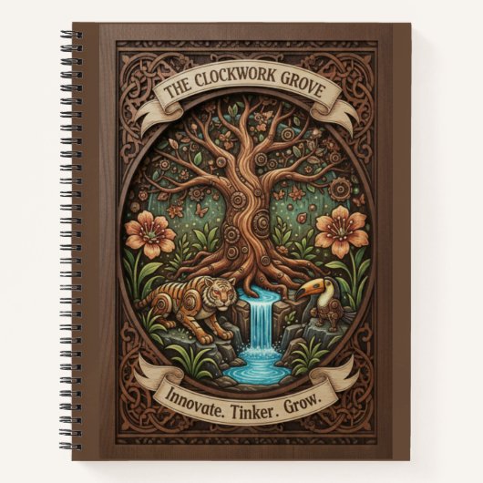 The Clockwork Grove Mechanical Nature Wood Journal Notitieboek (Voorkant)