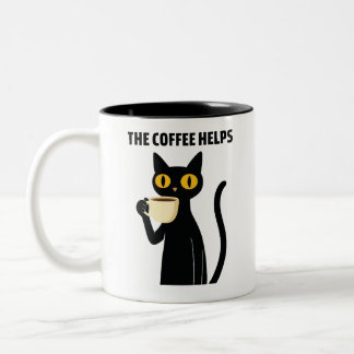 The Coffee Helps – Cute Black Cat Coffee Mug Tweekleurige Koffiemok