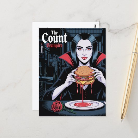 The Count Vampire With a Cheeseburger Briefkaart (Voorkant / Achterkant in situ)