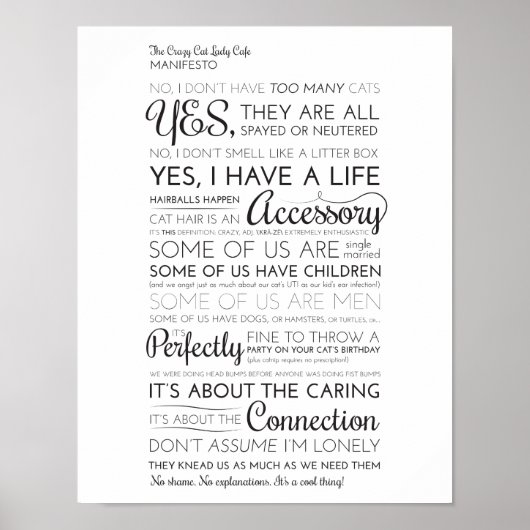The Crazy Cat Lady Cafe Manifesto Poster (Voorkant)