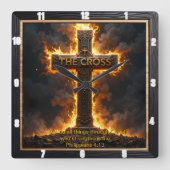 The Cross Fiery Time Philippians 4:13 Verse Vierkante Klok (Voorkant)