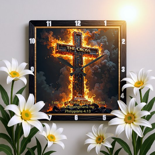 The Cross Medallion Fire Philippians 4:13 Verse Vierkante Klok