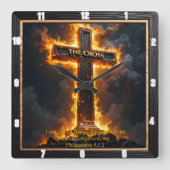 The Cross Medallion Fire Philippians 4:13 Verse Vierkante Klok (Voorkant)
