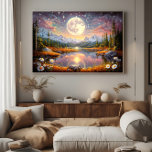 The Enchanted Dream Lake Poster<br><div class="desc">Contemplate the magic of a giant moon reflected in serene waters,  surrounded by snow-capped mountains and a starry sky in pink and golden tones. This fantastic artwork transports you to an enchanted realm where dreams come true. Stunning digital art that brings peace,  mystery,  and cosmic beauty to your space.</div>
