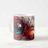 The eyes are large and expressive, with realistic  koffiemok (Voorkant links)