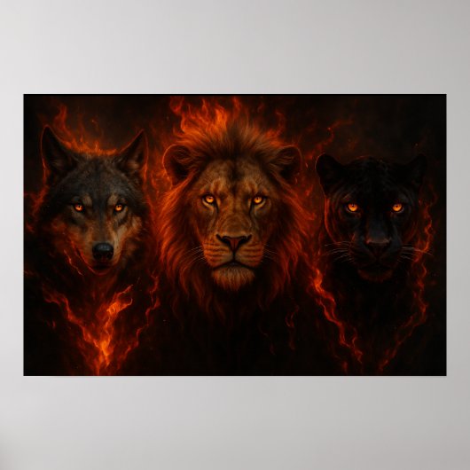 The Fire Trio – Lion, Wolf, and Panther Power Art Poster (Voorkant)