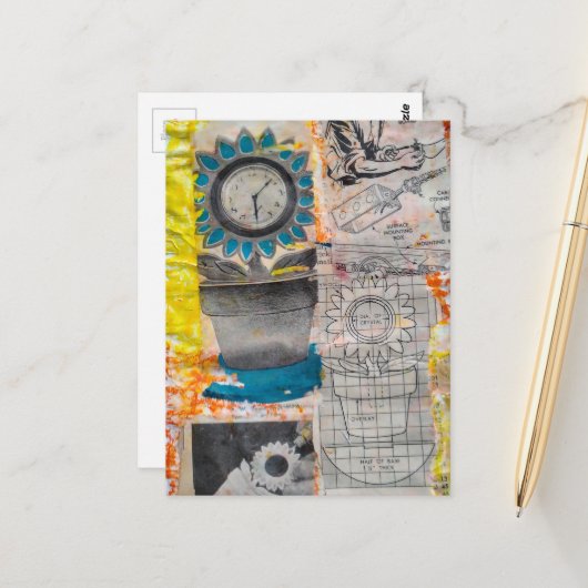 The Flower Clock Plans Retro Mixed Media Collage Briefkaart (Voorkant / Achterkant in situ)
