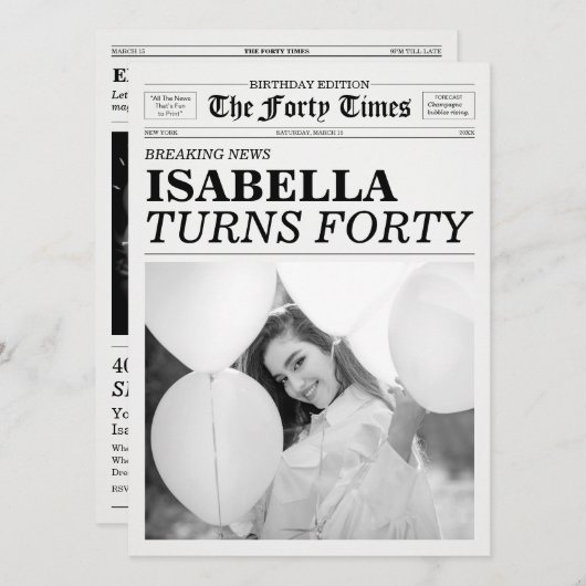 The Forty Times Newspaper 40th Birthday Party Kaart (Voorkant / Achterkant)