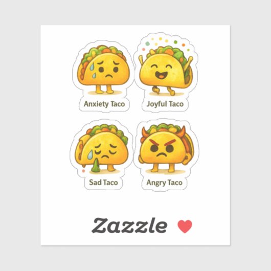 The Four Moods of Tacos Funny Vinyl Sticker Sheet (Vel)