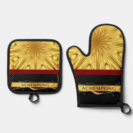 The Gilded Zenith: Molten Gold & Deep Crimson Ache Ovenwant & Pannenlap Set (Voorkant)