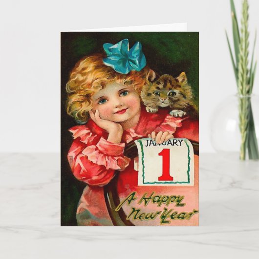 The Girl and the Cat - New Year Greeting Postcard Feestdagen Kaart (Voorkant)